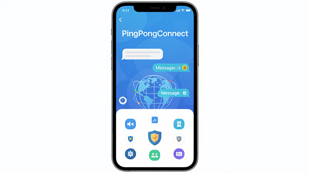 主体为一部智能手机居中展示,屏幕内呈现PingPongConnect应用聊天界面与地球连接元素,布局采用上下分层结构,上方为软件名称文字,下方为功能图标环绕,排版简洁居中,风格为现代扁平化科技风,细节包括蓝色渐变背景、消息气泡、地球经纬线、盾牌安全标识,画质高清干净无多余元素