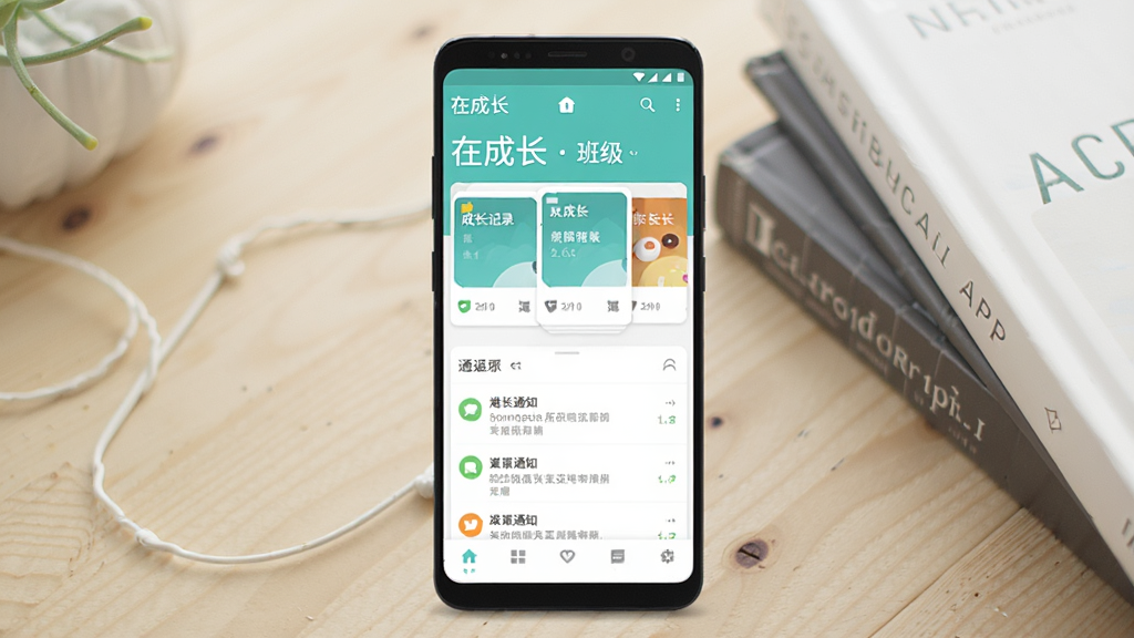 һ���ֻ�Ӧ�ý���չʾͼ������������һ��������׿�ֻ�����Ļ����ʾ���ڳɳ���APP����ҳ��������ѧУ��༶���ƣ��в��ǳɳ���¼��Ƭ��֪ͨ�б����ײ�Ϊ������������Ϊǳɫľ�������뼸���鼮�����������¼�࣬��ͼ���жԳƣ�ϸ�����������ʸɾ����޶���Ԫ��