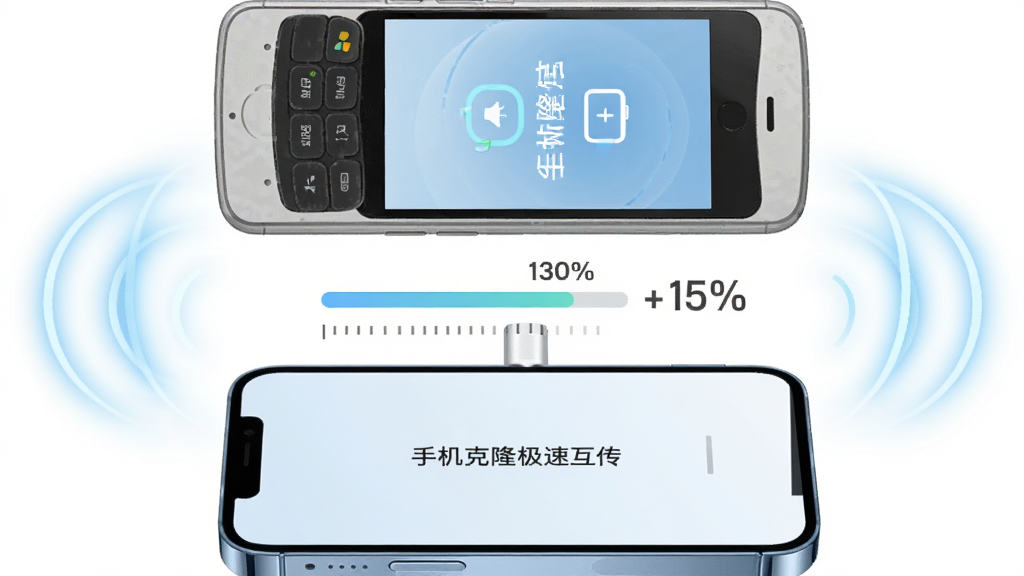 主体是两部手机通过无线信号直接相连,信号以弧形波纹呈现;布局为上下结构,上方旧手机、下方新手机;排版中间放置传输进度条与百分比数字;风格为简洁科技感插画;细节包括手机屏幕显示“手机克隆极速互传”字样、波纹带淡蓝色光晕、背景为纯白;画质清晰、画面干净、无多余元素