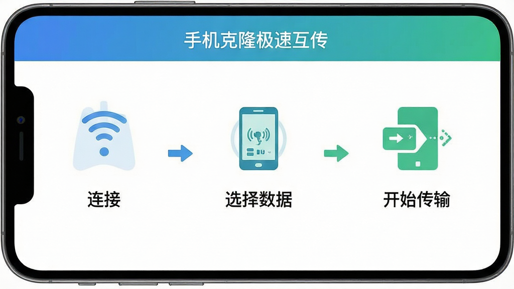 主体是一部手机屏幕显示三步引导流程图,分别为连接、选择数据、开始传输;布局为横向三栏排列;排版每栏上方为图标、下方为简短文字说明;风格为清新扁平化信息图;细节包括屏幕顶部显示“手机克隆极速互传”标题、配色为蓝绿搭配、图标简洁;画质清晰、画面干净、无多余元素