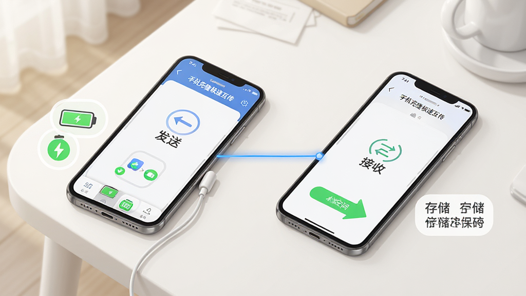 主体是两部手机放在桌面上,屏幕分别显示“发送”和“接收”状态,旁边有电量充足图标与存储空间提示;布局为斜角俯视构图;排版突出两台设备之间的连接线与状态标识;风格为写实生活场景插画;细节包括屏幕显示“手机克隆极速互传”界面、桌面干净、背景柔和;画质清晰、画面干净、无多余元素