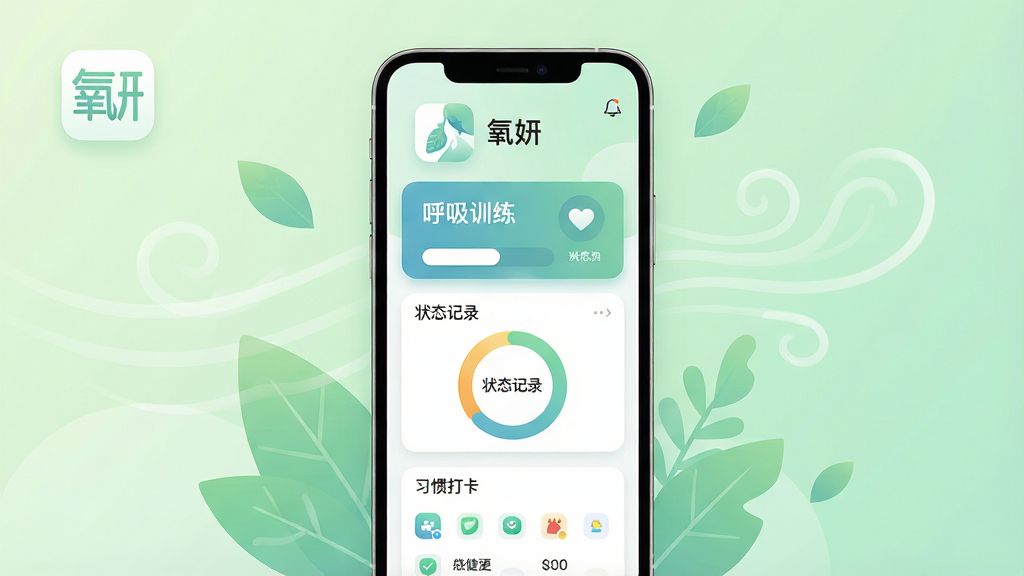 画面主体为一部竖屏智能手机,屏幕中展示一款名为“氧妍”的健康管理应用主界面,界面包含呼吸训练卡片、状态记录环形图和习惯打卡列表;布局上手机居中放置,背景为柔和的浅绿色渐变,周围点缀抽象的叶片与气流线条;排版突出手机屏幕内容,顶部留白放置应用图标与文字“氧妍”;风格为清爽现代的扁平化UI展示风;细节上屏幕内文字清晰、图标圆润、按钮有轻微投影,背景元素半透明不抢主体;画质高清、画面干净、无多余元素