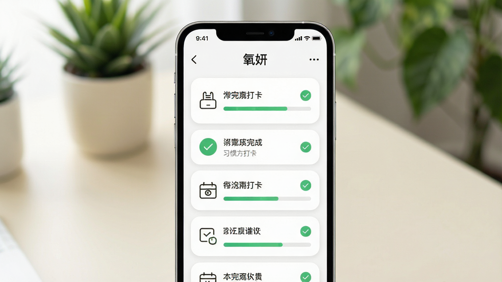 画面主体为“氧妍”应用的习惯打卡页面,展示多个已完成与待完成的打卡条目,配有绿色对勾和进度条;布局为手机屏幕居中,背景为米白色桌面与绿植虚化;风格为简约生活风;细节上打卡条目圆角卡片设计、文字清晰、图标统一为线性风格;画质高清、画面干净、无多余元素