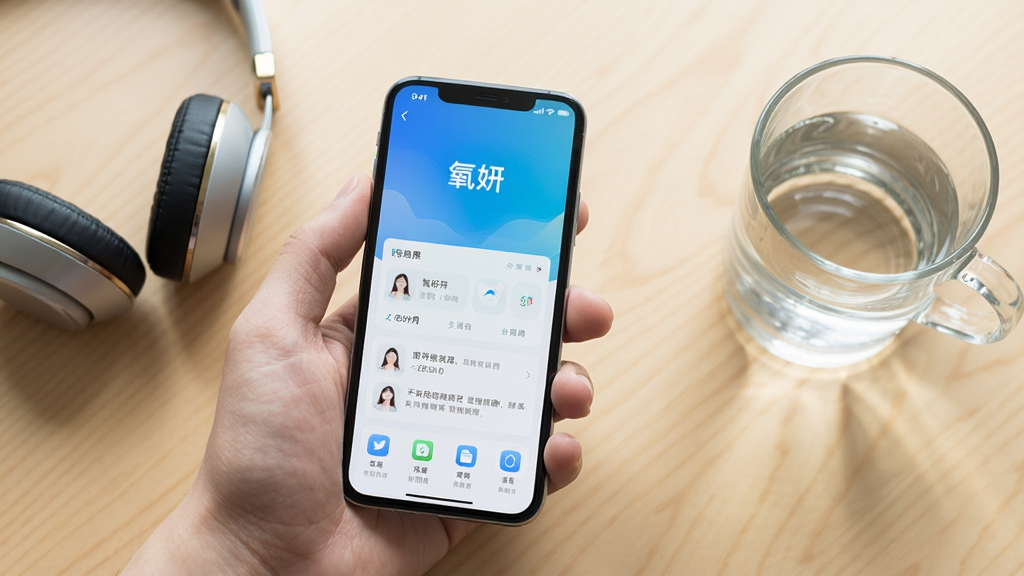 画面主体为一只手握着手机,屏幕显示“氧妍”应用正常运行的首页界面,旁边放置一副耳机与一杯水;布局为桌面俯拍视角,手机位于画面中心偏左,右侧留白放置水杯;风格为生活场景摄影风;细节上光线柔和、桌面为浅木色、手机屏幕内容清晰可见;画质高清、画面干净、无多余元素