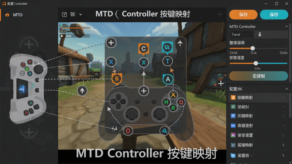 ��������ΪMTD Controller�����İ���ӳ��༭���棬��Ļ������ʾ��Ϸ�������͸��ӳ��ͼ�㣬�ֱ�����ͼ��ͨ���������ӵ���Ļ���ⰴ��λ�ã�����Ϊ����ֱ�ʾ��ͼ���Ҳ�ӳ�������壻�Ű�������ҷ������Ϸ�Ϊ���÷��������뱣�水ť�����Ϊ�ִ���ƽ����ƣ���ҵ�ɫ�����ɫ����ɫ������ϸ�ڰ�����ק��ͷ�������Ȼ��顢��¼�ư�ť�������б�����������������ɾ����޶���Ԫ�أ�ͼƬ�����ֱ�ע��MTD Controller ����ӳ�䡱��