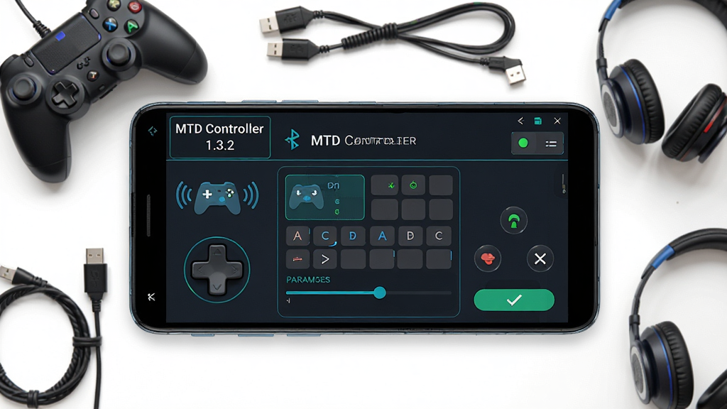 ��������Ϊһ̨�������õİ�׿�����ֻ�����Ļ����ʾMTD Controller�������ֱ�ӳ�����ý��棬�����������ҡ�ˡ�����ӳ������������״ָ̬ʾ�ƣ�����Ϊ�ֻ����У���Χ���������ֱ��������ߡ���Ϸ������������Ű�������·ֲ㣬�Ϸ�Ϊ�������������豸������ʾ���·�Ϊ����ӳ�������������Ϊ�Ƽ��б�ƽ��UI��ƣ���ɫ������������ɫ����������ϸ�ڰ����ֱ�ͼ�ꡢ�źŲ��ơ�����������ȷ�ϰ�ť��������������������ɾ����࣬�޶���Ԫ�أ�ͼƬ�����ֱ�ע��MTD Controller���롰1.3.2����