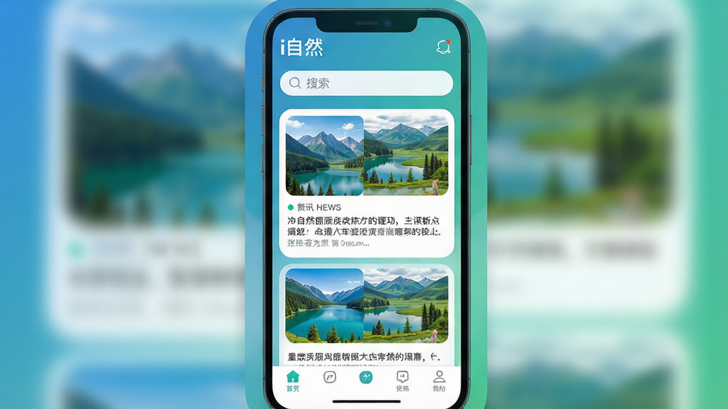 һ���ֻ�Ӧ�ý���չʾͼ������Ϊ�����ֻ���Ļ����Ļ�ڳ�����Ѷ��APP��ҳ���֣������С�i��Ȼ�����ֱ�ʶ���������в�Ϊͼ�Ŀ�Ƭʽ�����б�������ɽˮ������ݵ���Ȼ�����ͼ���ײ�Ϊ������������������̽�����ɫ���������������Ϊ�ִ���ƽ��UI��ƣ�ϸ�ڰ���Բ�ǿ�Ƭ��ͼ�꣬���ʸ��壬����ɾ����޶���Ԫ��