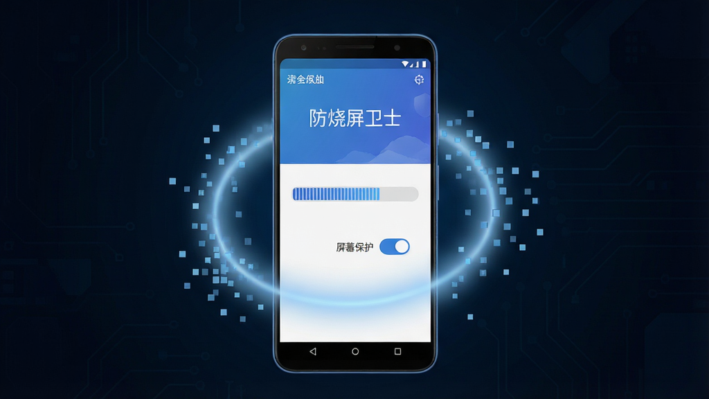 一幅展示智能手机OLED屏幕保护的科技插画,画面中央是一部竖立的安卓手机,屏幕显示“防烧屏卫士”软件界面,界面中有像素刷新进度条与屏幕保护开关,手机四周环绕着柔和的蓝色光晕与像素粒子效果,背景为深色渐变科技风格,布局简洁居中,细节清晰,画质干净,无多余元素