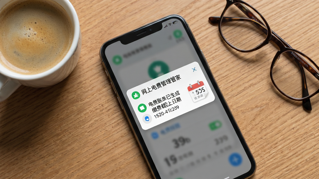 一张表现电费缴费提醒功能的场景图,画面主体是一部手机放置在木质桌面上,手机屏幕弹出“网上电费管理管家”的缴费提醒通知卡片,通知内容显示电费账单已生成与缴费截止日期,手机旁边放着一杯咖啡与一副眼镜,布局为俯视视角,风格生活化且简洁,细节处有通知图标与日历元素,画质清晰,光线柔和,干净无杂乱