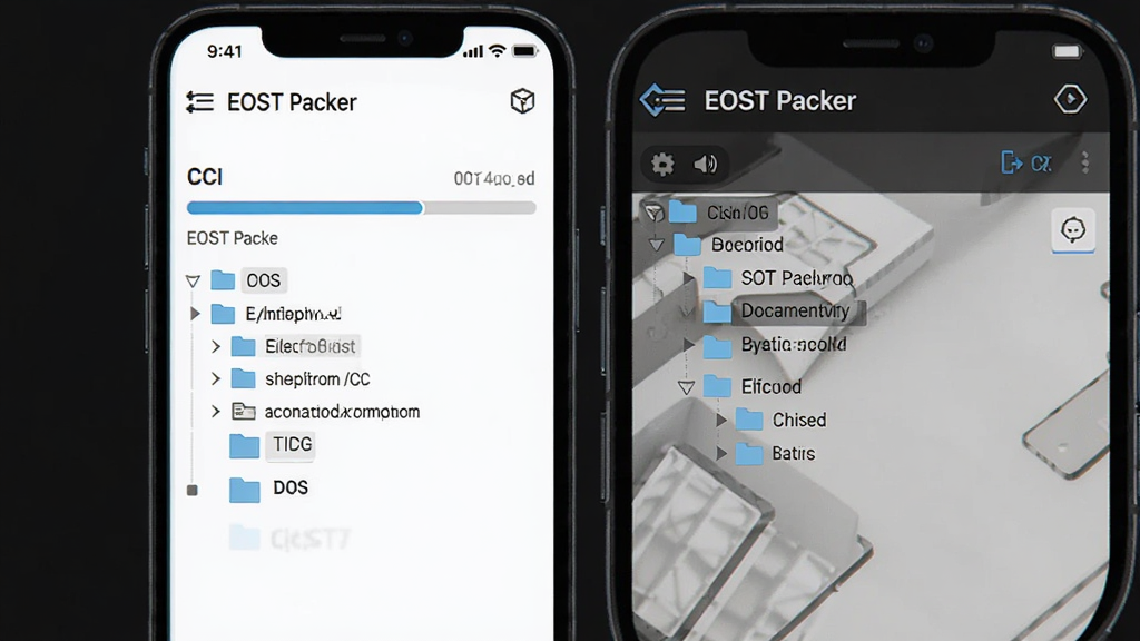 手机界面展示“EOST Packer”资源封装进度页面,进度条与文件树状目录同时呈现,背景为深色模式,图标线条简洁,整体风格科技感,细节清楚,画质干净,无多余元素