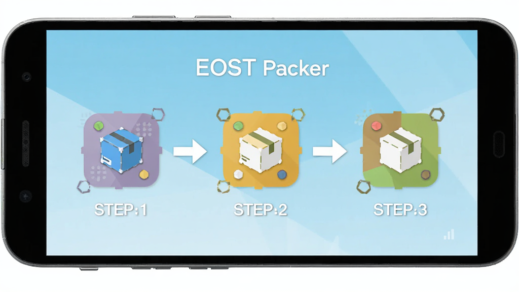 安卓手机展示“EOST Packer”操作流程示意界面,三个步骤图标依次排列并带有箭头连接,界面元素简洁,配色明快,风格扁平化,细节清晰,画质干净,无多余元素