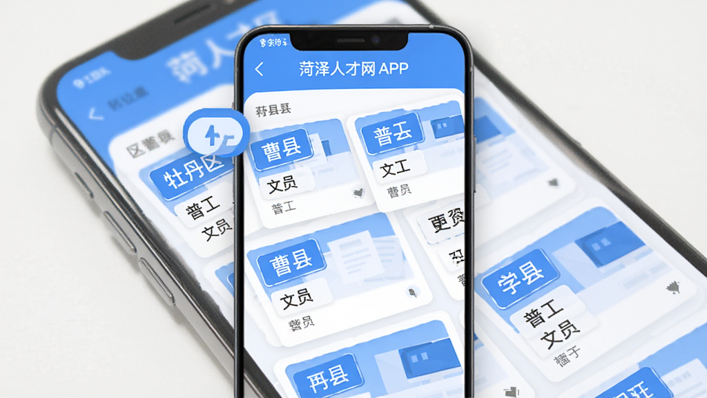菏泽人才网APP职位列表页面展示,手机屏幕中呈现按区域筛选的岗位卡片,包含“牡丹区”“曹县”等区域标签和“普工”“文员”等职位名称,画面风格为清爽扁平化UI展示图,蓝色主色调,干净整洁,高清画质