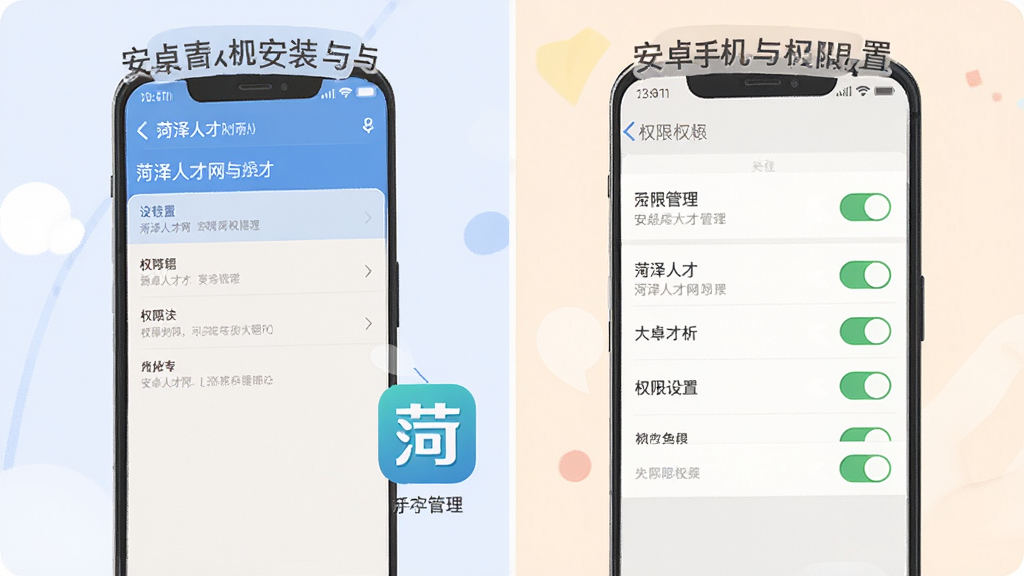 菏泽人才网安卓手机安装与权限设置示意图,画面展示手机设置界面中的权限管理页面和APP图标,布局为左右分栏,左侧为安装界面右侧为权限开关列表,风格为简洁操作指引插画,配色柔和,细节清晰,干净无杂乱