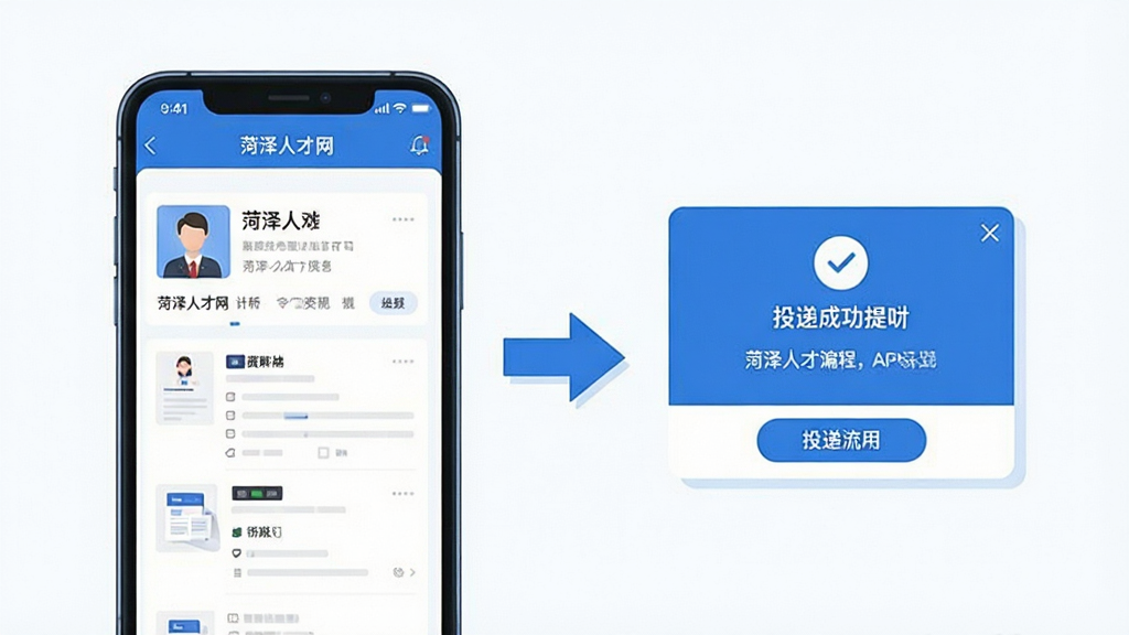 菏泽人才网APP简历投递流程示意图,画面左侧为手机屏幕中的简历编辑界面,右侧为投递成功提示弹窗,中间以箭头连接,风格为简洁商务插画,蓝白配色,布局清晰,细节干净,无多余元素
