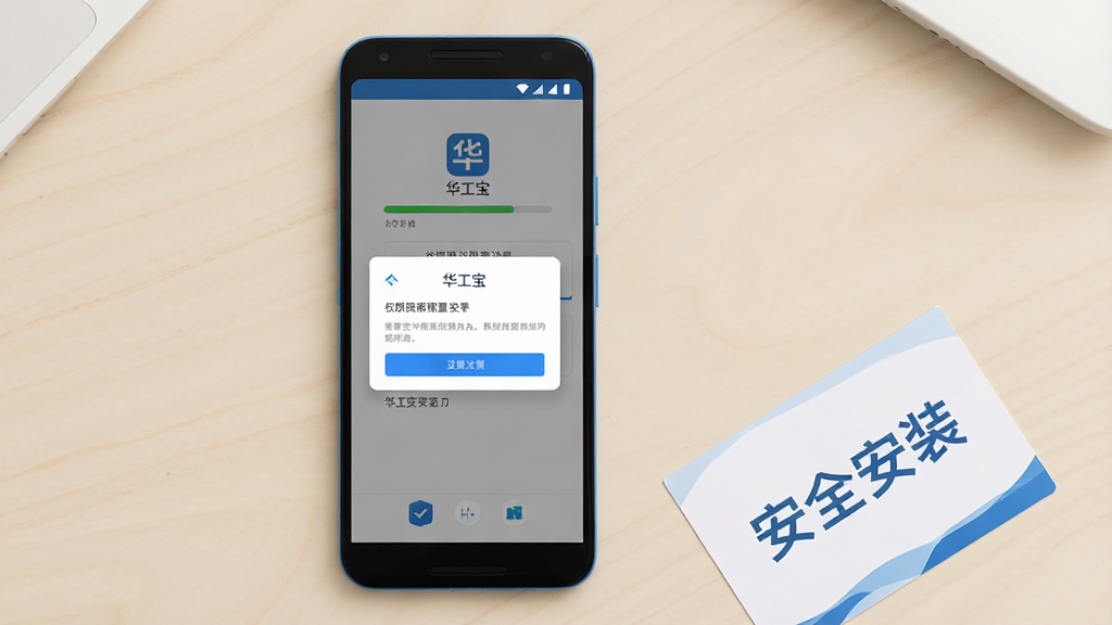 画面主体为一部安卓手机平放在浅色桌面上,屏幕显示“华工宝”应用安装进度条与权限设置弹窗界面,手机旁边放置一张写有“安全安装”字样的提示卡片,布局为手机居中、卡片斜放于右下角,风格清新扁平,色调以蓝白为主,细节简洁明了,画质高清,画面干净无多余元素