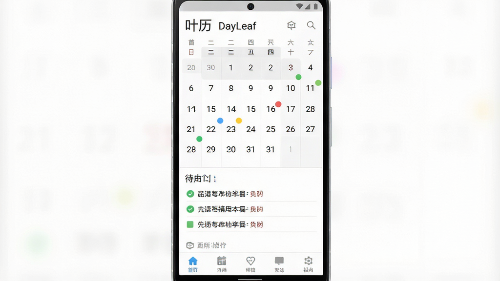一张手机日历应用界面展示图,画面主体是一部竖屏安卓手机,屏幕中央显示日历月视图与当日待办清单,顶部有“叶历 DayLeaf”字样,布局为手机居中、周围留白,排版简洁,风格为清爽扁平化UI设计,细节包含日期数字、彩色圆点标记、农历小字与底部导航栏,画质高清,画面干净,无多余元素