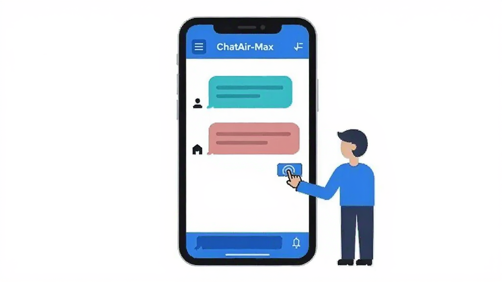 ����չʾһ���ֻ�����ͼ����Ļ��ΪChatAir-Max�Ի����棬����Ԫ���ü��ɫ���ʾ���ֻ��Ա�վ��һ����С��ͼ������������ƣ����岼�־��У����Ϊ��ƽ��UIʾ��廭����ɫ�׵�����ɫ���������ʸɾ����䣬�޶���װ��