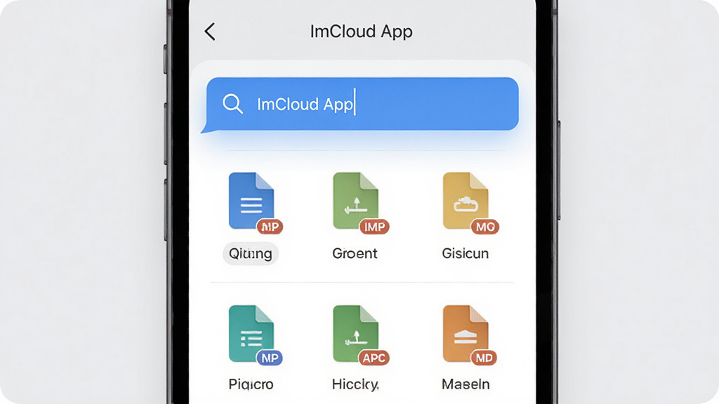 һ��չʾImCloud App�����������ܵĽ���ʾ��ͼ������Ϊ�ֻ���Ļ��д����Ļ����ʾ����������ؼ��ʺ󵯳����ļ��б�������Ϊ���й�ͼ�����Ϊ��ˬ��UI����չʾ�磬ϸ�ڰ���������������ļ�ͼ��������ͱ�ʶ������Ϊǳ��ɫ�����������������޶���Ԫ��