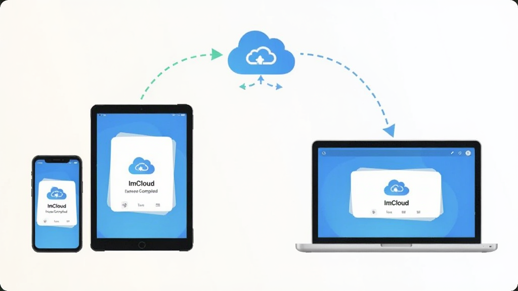 һ�ű���ImCloud App���ͬ�����ܵĲ廭������Ϊ�ֻ���ƽ��ͱʼǱ�������̨�豸�����������У���Ļ����ʾImCloud App��ͬ����ɽ��棬���ֶԳƾ��⣬���Ϊ���¼�Լ��ʸ���廭�磬ϸ�ڰ����豸֮�������߼�ͷ���ӡ��ƶ�ͼ��λ�����ġ�����Ϊǳɫ���䣬���ʸɾ��������޶���Ԫ��