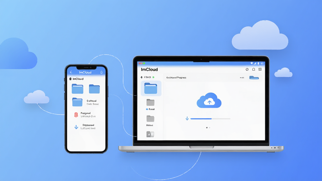 һ��չʾImCloud App�ƶ˴洢����ĸ���ͼ������Ϊһ�������ֻ���һ̨�ʼǱ����Բ��Űڷţ���Ļ����ʾImCloud App���ļ��������棬�����ļ���ͼ�ꡢ�ϴ����������ƶ�ͬ����ʶ�����ּ����У����Ϊ�ִ���ƽ���Ƽ��磬ϸ�ڰ�����͵���ɫ���䱳�����������ƶ�Ԫ�غ�ϸ�������豸�����������ɾ����޶���Ԫ��