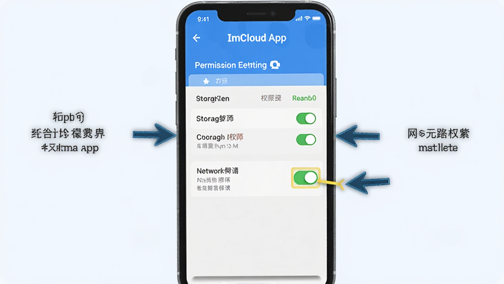 һ��չʾImCloud App��װ���ý����ʾ��ͼ������Ϊ�ֻ���Ļ��ʾȨ�޹���ҳ�棬����Ϊ�ֻ����С��Ա��м�ͷָ��Ȩ�޿��أ����Ϊ�̳�ͼ��磬ϸ�ڰ����洢Ȩ�޺�����Ȩ�޿��ظ���������Ϊǳɫ�������������޶���Ԫ��