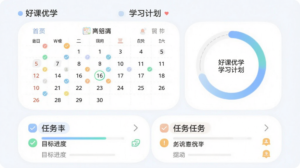 ���ÿ���ѧ��ѧϰ�ƻ�ҳ�棬��������Ϊ������ͼ����Ȼ�������Ϊ�Ϸ������·������б���������Բ�ǣ�ϸ�ڰ����򿨱�ǡ�Ŀ�������������ͼ�꣬���ʸ���ɾ��޶���Ԫ��
