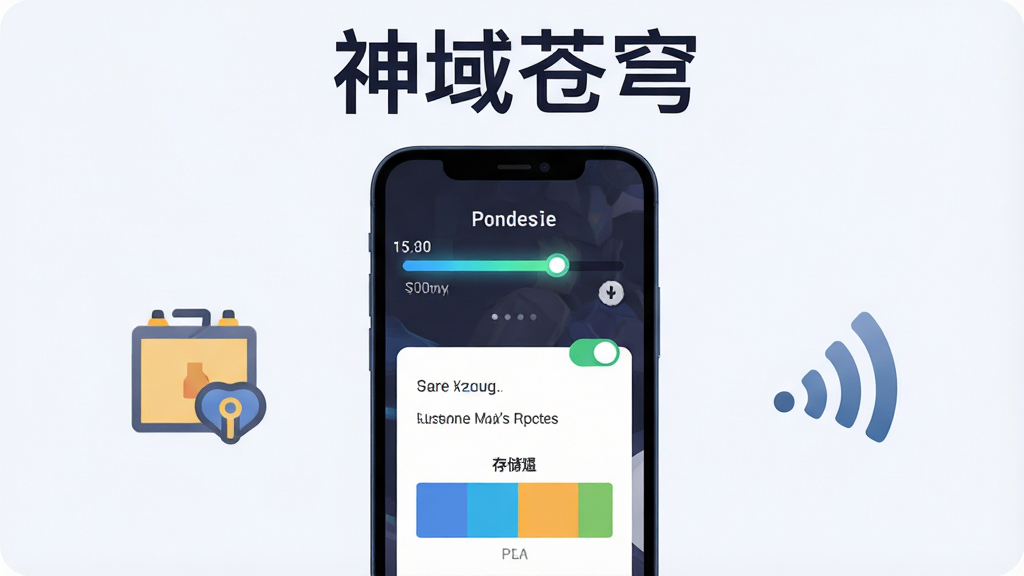 画面主体为一部智能手机屏幕显示游戏安装进度条与权限设置界面,旁边有存储空间示意图和网络信号图标;布局为手机居中、左侧存储图标、右侧网络图标;排版上画面顶部放置“神域苍穹”字样;风格为扁平化科技说明插画;细节包括进度条光效、权限开关图标与存储空间色块;画质清晰,画面干净,无多余元素