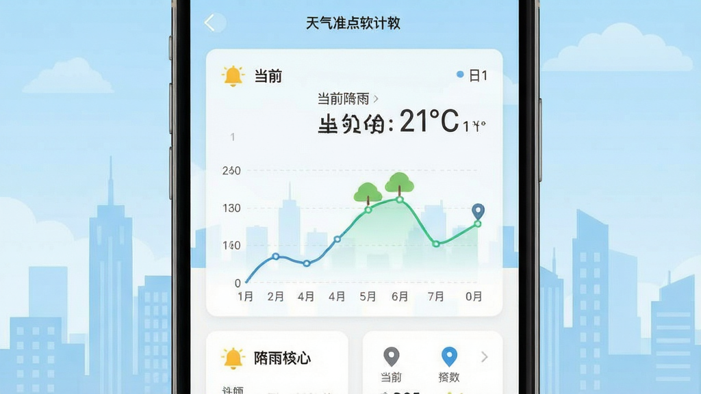一张手机屏幕展示天气准点预警软件主界面,画面中央是醒目的分钟级降雨折线图与当前温度数字,背景为淡蓝色天空与城市剪影,界面卡片式布局清晰,风格清爽现代,细节包含预警铃铛图标与定位标识,画质干净锐利,无多余装饰元素