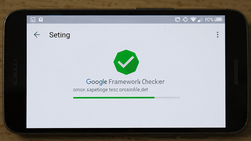 �ֻ���Ļ������ʾGoogle Framework CheckerӦ�ý��棬��ɫ�Թ�ͼ��ͼ�������������Ϊ���İ�׿ϵͳ����ҳ�棬���岼���������Ű���У����Ϊ��ƽ���Ƽ��У�ϸ�ڰ����ֻ��߿��״̬��ͼ�꣬���ʸ��壬�ɾ����޶���Ԫ��