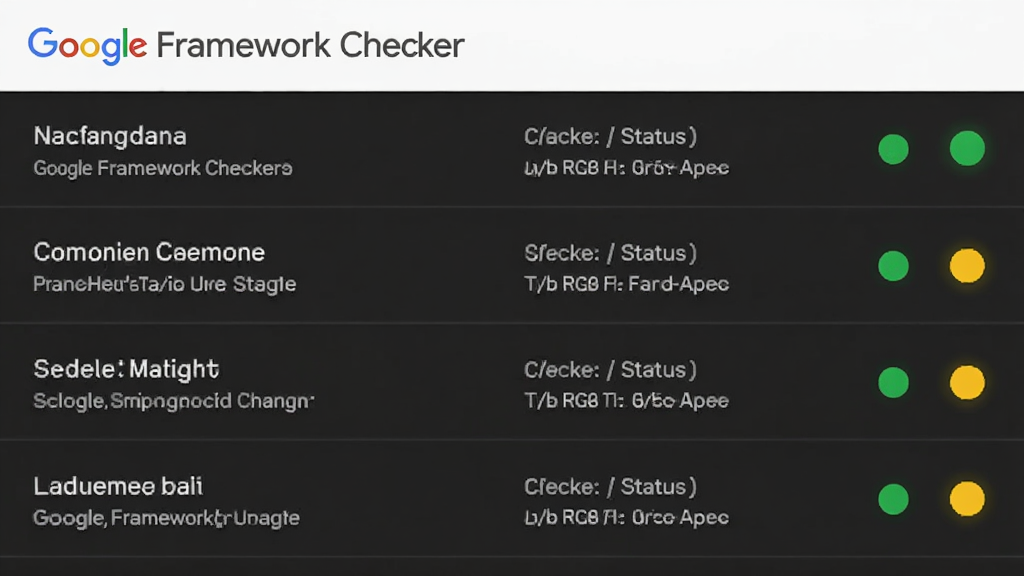 Google Framework Checker������չʾ����б���ÿ������Ա���״ָ̬ʾ�ƣ�������ɫ���ֻ�ɫ����������б�ʽ�Ű棬���Ϊ�ִ���Լ��ϸ�ڰ���������ƺ�״̬˵�����֣����ʸ��壬�ɾ����޶���Ԫ��