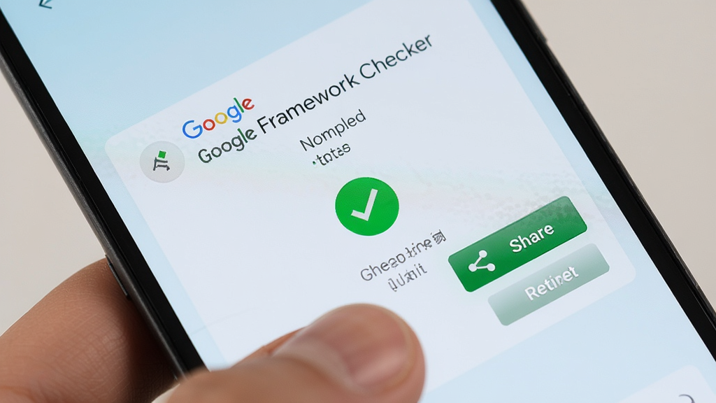 �ֻ���Ļ��ʾGoogle Framework Checker������ҳ�棬��ɫ����״̬��ʶ���Ա��з�����ť�����¼�ⰴť������Ϊǳɫ���䣬���ּ�࣬���Ϊ���±�ƽ����ϸ�ڰ����ֻ�����ָ������������ʸ��壬�ɾ����޶���Ԫ��
