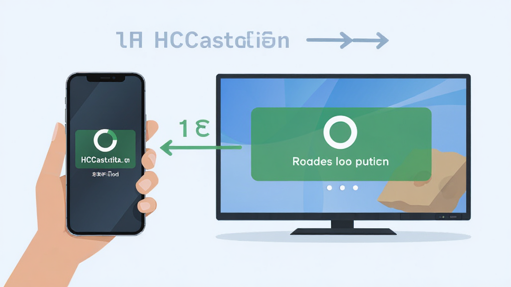 HCCast投屏连接操作步骤示意图,手机与电视屏幕之间显示连接成功的状态提示,画面简洁明了,步骤标注清晰,浅色背景,扁平插画风格,高清画质,无多余装饰
