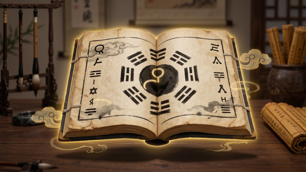 画面主体为一本摊开的古朴线装书,书页上浮现出清晰的八卦符号与卦序排列,书本悬浮在深色木质桌面上方,周围环绕柔和的金色光晕与淡淡的云纹。布局采用居中对称构图,书本占据画面视觉中心,背景为虚化的中式书房场景,隐约可见笔架与竹简。风格为写实插画与国风结合的质感,细节上突出纸张纹理与墨迹层次,画质清晰干净,无多余装饰元素。