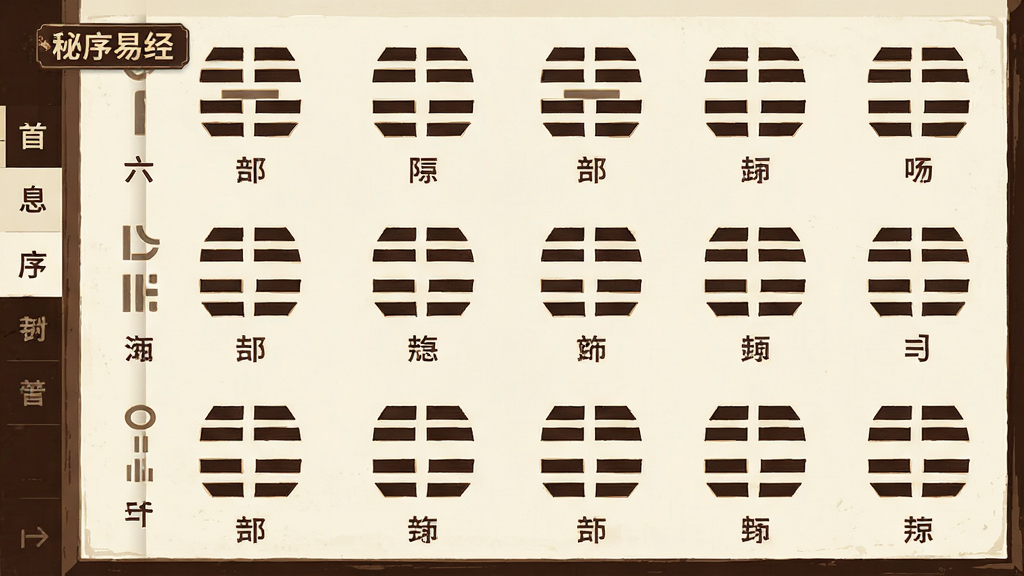 画面主体为一面竖向排列的卦象展示墙,六十四卦符号以矩阵形式整齐铺陈,每个卦象下方配有细小的卦名标签。布局为纵向滚动式长图构图,左侧留有导航栏区域。风格为扁平化信息图表设计,配色以米白底与深棕线条为主,细节上卦象线条粗细均匀、间距一致,画质干净清晰,画面中带有