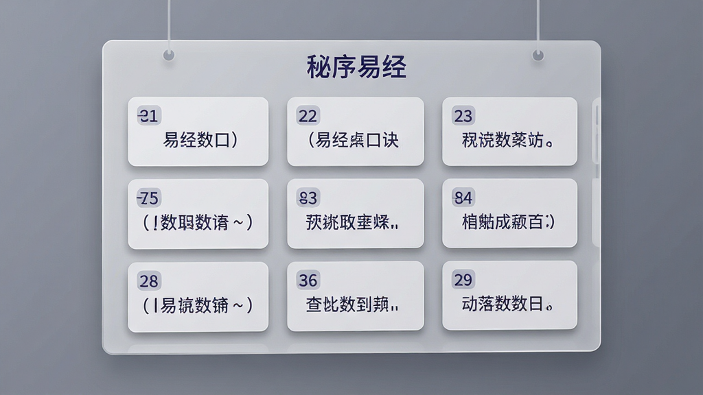 画面主体为一块悬浮的半透明知识面板,面板上以卡片形式排列着易经数理口诀条目,每张卡片带有编号与简短文字。布局为三列网格排布,卡片之间留有均匀间距。风格为现代简约的界面设计感,配色以浅灰底与靛蓝文字为主,细节上卡片边缘带有轻微投影,画质清晰干净,面板顶部显示