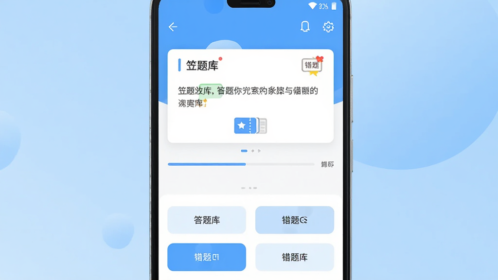 ����Ϊһ��������׿�ֻ�����Ļ������ʾ������⡱App������棬�Ϸ�Ϊ��Ŀ��Ƭ���·�Ϊ�ĸ�ѡ�ť�����־��жԳƣ�����Ϊǳ�����䣬���Ϊ����ƽ��UIչʾ��ϸ�ڰ��������������⿨ͼ��������ǣ����������ɾ��޶���Ԫ��