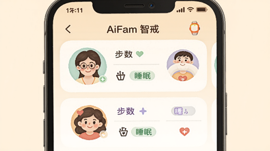 ����Ϊ��ͥ�����������棬����Ϊ�ֻ���Ļ������ʾ��ͥ��Աͷ���б��뽡��״̬��ǩ���Ű�Ϊ���½ṹ����Ƭʽ���У����Ϊ��ܰǳɫϵUI�廭��ϸ�ڰ�����AiFam�ǽ䡱���⡢��λ��ͥ��Աͷ�񡢲�����˯��Сͼ�꣬���ʸɾ������޶���Ԫ��