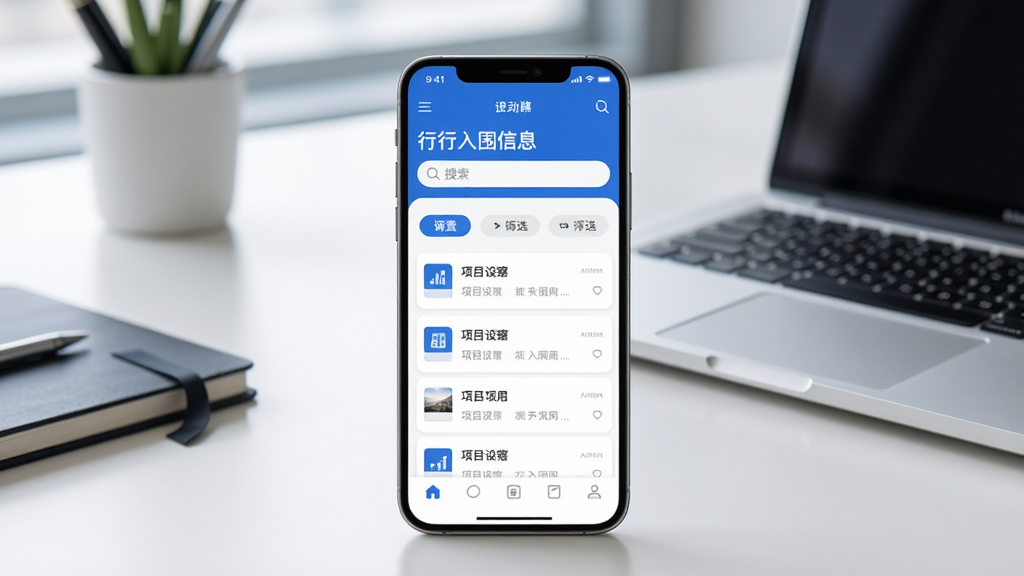 画面中央展示一部智能手机,屏幕上呈现“行行入围信息”应用主界面,界面包含搜索框、项目列表与筛选标签,背景为现代化办公桌与笔记本电脑,整体采用简洁商务风格,配色以蓝白为主,细节清晰,画质干净,无多余元素