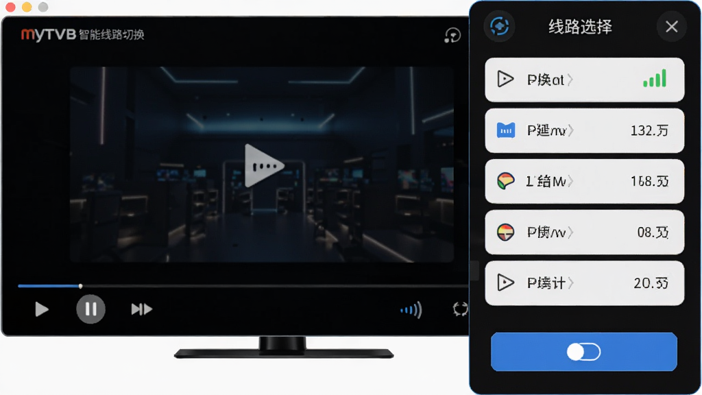 MyTVB������·�л�����ʾ��ͼ������չʾ���Ž����Ҳ����·ѡ����壬�г�������·ѡ���ע�ӳ���ֵ������Ϊ��ɫ���Ŵ��ڣ����Ƽ��У�ϸ�ڰ����ź�ǿ��ͼ�����л���ť�������������޶���Ԫ��
