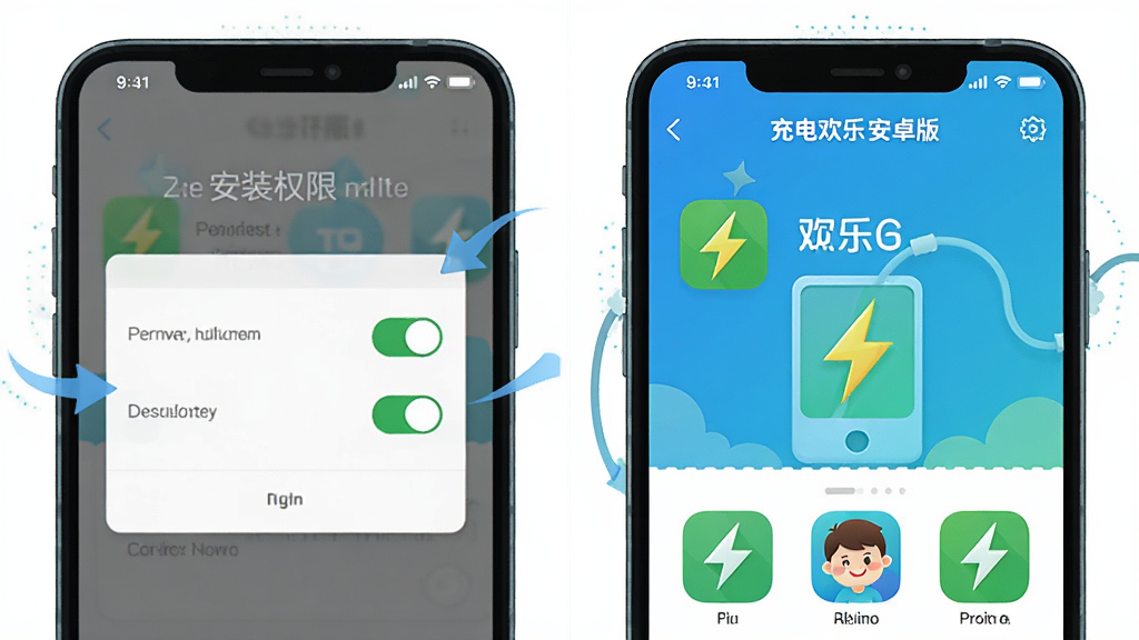 ��绶�ֶల׿��ʹ�ý̳�ʾ��ͼ������չʾһ���ֻ���Ļ��Ϊ���������֣����Ϊ��װȨ�����ý��棬�Ҳ�Ϊ��绶�ֶ������棬����Ϊ�Ա�ʽ�Ű棬���Ϊ���̳̲�ͼ��ϸ�ڰ��������ļ�ͷָʾ��Ȩ�޿���ͼ�ꡢӦ��ͼ�꣬���ʸɾ��������޶���Ԫ��