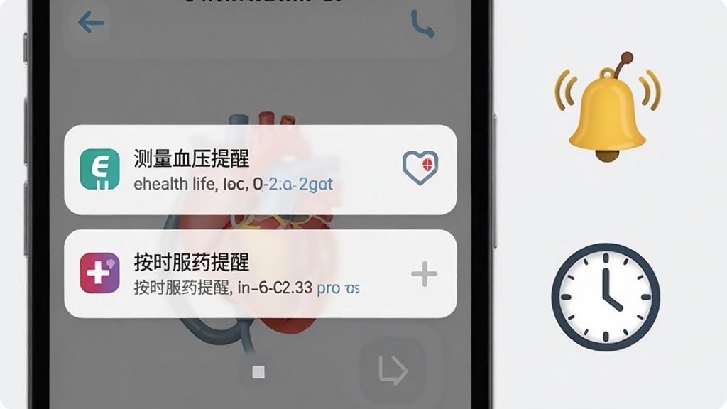 ehealth life Ӧ�����ѹ���չʾͼ������Ϊ�ֻ�֪ͨ������ʽ����������ʾ����Ѫѹ�����밴ʱ��ҩ��������֪ͨ���ݣ��ֻ�����һ��С����ͼ����ʱ��ͼ�꣬����Ϊǳ��ɫ�ɾ��ռ䣬�����������죬�����������޶�������