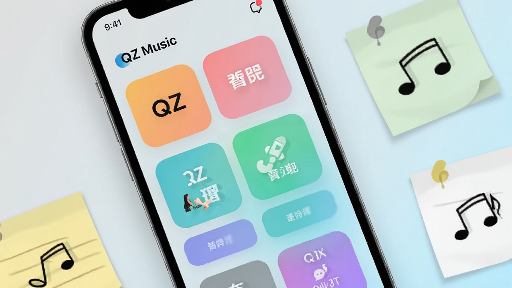 �ֻ���Ļ��д����ʾ��QZ Music���ĸ赥����ҳ�棬�����ɫ�赥��Ƭ�������У���Ƭ�ϱ�ע��ͬ�������ƣ��������Բ�ǿ�Ƭ��ƣ�����Ϊǳ�ҵ������Ľ��䣻�ֻ��Ա�ɢ�伸��д�������ı�ǩֽ������������죬���ֹ��������ʸɾ����޶���Ԫ��