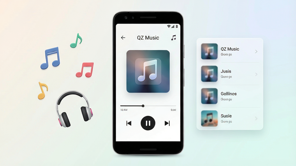 �����������һ����׿�ֻ����ֻ���Ļ����ʾ�������ֲ��������棬�����С�QZ Music���������м���ר�������벥�Ž��������·�Ϊ���ſ��ư�ť���ֻ����Ư����������ͼ�������ͼ�Σ��Ҳ��ǰ�͸���ĸ赥�б���Ƭ���������ǳɫ���䱳���������ˬ�ִ���ϸ�ڸɾ��������������޶���װ��Ԫ��