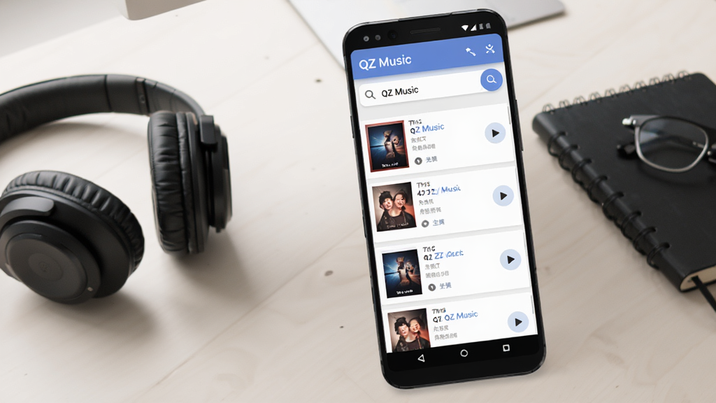 ��׿�ֻ���ʾ��QZ Music���������������棬���������йؼ��ʣ��·��г��������������ÿ�����з�������ͼ�벥�Ű�ť�������Ǽ���ǳɫ����̨���Ա߷��Ŷ�����ʼǱ���������ɾ����䣬�Ű����������ʸ��壬�޶���װ��