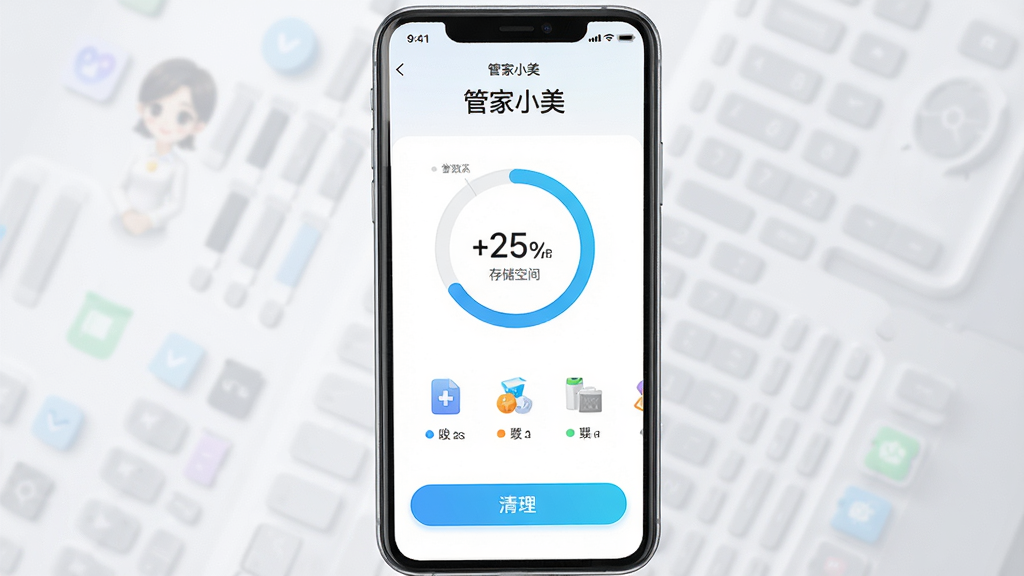画面主体为“管家小美”应用中的手机管理功能界面,界面显示存储空间环形图和清理按钮;布局为界面截图居中,背景为浅灰渐变;排版为上方标题“管家小美”下方功能展示;风格为现代简约科技风;细节包含环形进度条、分类图标、清晰的数据文字;画质为高清,画面干净,无多余元素