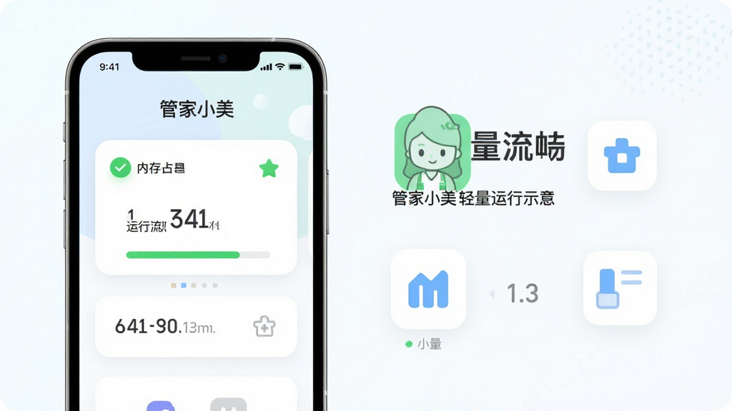 画面主体为“管家小美”应用的轻量运行示意界面,屏幕显示内存占用低、运行流畅的状态卡片;布局为手机界面居中偏左,右侧搭配简洁的数据图标;排版为左图右文结构;风格为清新浅色扁平风;细节包含绿色状态标识、简洁数字、圆角卡片;画质为高清,画面干净,无多余元素