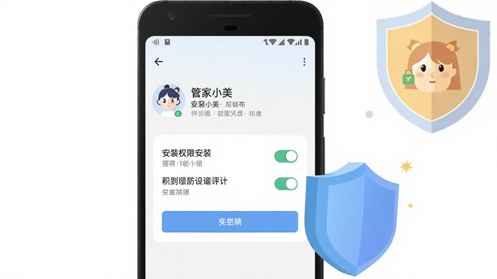 画面主体为一部安卓手机屏幕显示“管家小美”安装权限设置界面,旁边放置一个盾牌图标象征安全防护;布局为手机居中,盾牌位于右上角;排版为上下结构;风格为简洁安全主题扁平风;细节包含权限开关、提示文字、柔和配色;画质为高清,画面干净,无多余元素
