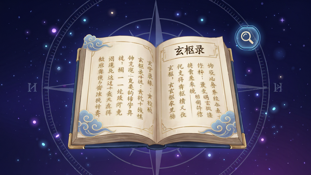 画面中央放置一本展开的古籍风格电子书,书页上浮现淡金色文字与线条纹样,背景为深蓝紫色渐变星空,四周点缀微光粒子与罗盘刻度元素,整体布局简洁居中,风格采用东方玄幻与科技感结合的插画质感,细节处可见书页边缘的云纹装饰与悬浮的检索图标,画质清晰锐利,干净无多余杂物,画面中文字内容以“玄枢录”作为书页标题呈现