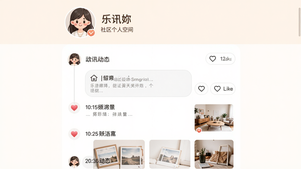 ����Ϊ��Ѷ�������˿ռ�ҳ�棬�����Ϸ�Ϊͷ�����ǳ���Ϣ���·�Ϊ��̬ʱ���ߣ��Ű��������У����Ϊ��ܰ�罻����棬ϸ�ڰ������Կ򡢵���ͼ�ꡢ�������ͼ�����ʸ��壬����ɾ����޶���Ԫ��