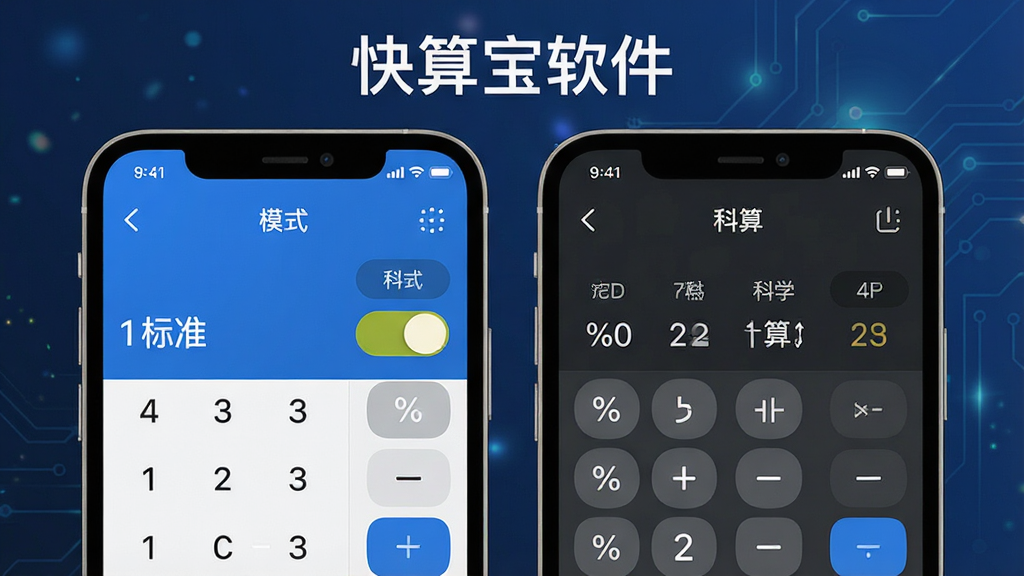 一张表现快算宝软件多模式切换功能的界面示意图,主体为手机屏幕中并排展示标准计算与科学计算两个面板,布局为左右分区对比展示,排版上方标注“快算宝软件”名称,风格为现代简约科技感,细节包含模式切换按钮、函数按键、百分比符号等,画质高清、干净、无多余元素